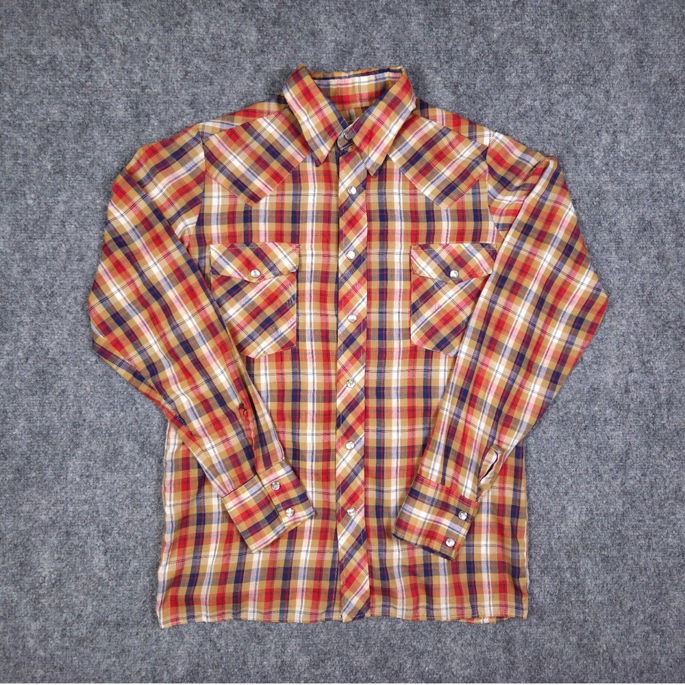 Vintage 70s The County Seat Western Pearl Snap Shirt Mens S Red Plaid‎ Long